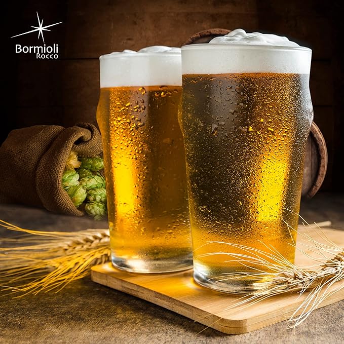 Bormioli Rocco Nonix Set Of 4 20 Oz Pint Glasses | British Pub Style Beer Glasses | Easy Stacking in The Cupboard | Premium Craft Beer Glasses Made In Spain