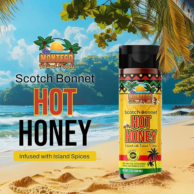 Montego Island Foods Scotch Bonnet Hot Honey – Sweet Heat with a Caribbean Kick – Made with All Natural Ingredients & Bold Spices – 12 oz Bottle (Net Wt. 16 oz) – For Drizzling, Dipping & Glazing
