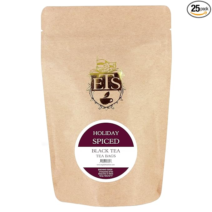 Holiday Spiced Flavored Black Tea Bags | Cinnamon Orange Clove Blend | Bold Medium-Body Black Tea | Warming Winter Tea | Kosher Vegan | 25 English-Style Teabags | 3.1g Each | English Tea Store