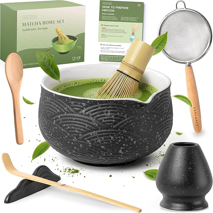 Matcha Kit Whisk Set (7 Pcs) - Complete Matcha Set, Matcha Bowl with with Bowl, Whisk and Holder, Bamboo Spoon/Scoop, Scoop Rester and Sifter incl. Booklet