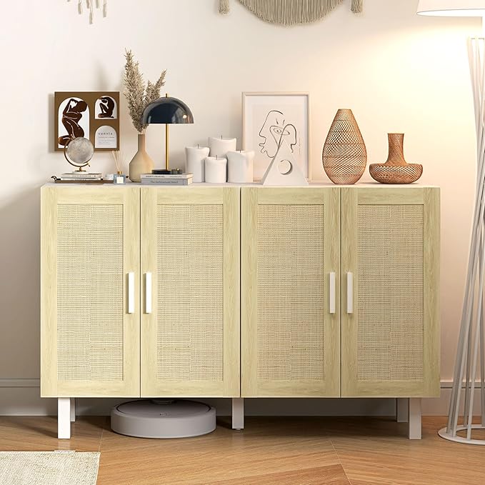 HOMCOM Boho Sideboard Buffet Cabinet, Coffee Bar Cabinet with 4 Rattan Doors and Adjustable Shelves for Kitchen, Living Room, White and Natural