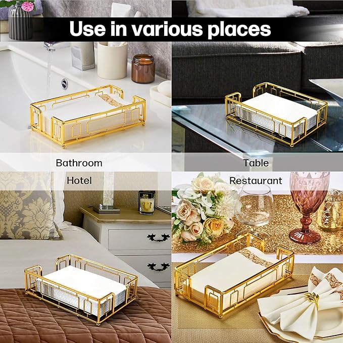 Guest Towel Holder Tray for Bathroom – Gold Napkin Holder for Disposable Paper Hand Towels, Vanity Countertop Hand Towel Organizer, Modern Bathroom Accessory for Guest Napkins