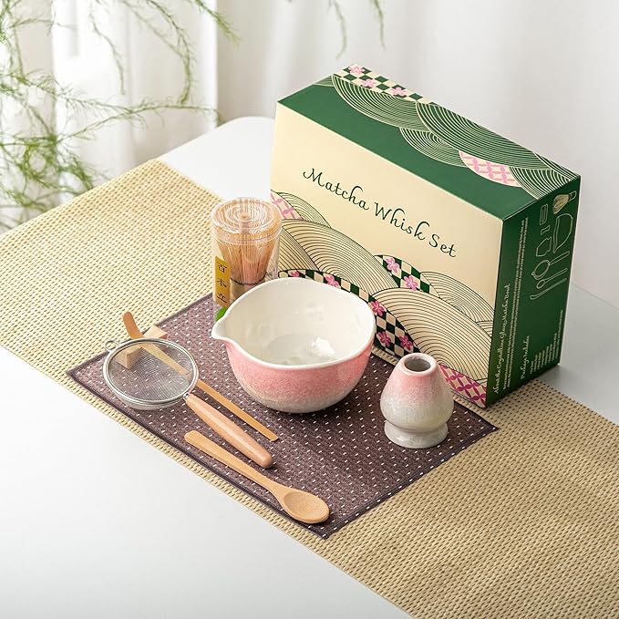 Matcha Whisk Set, Handcrafted Crystalline Glaze Matcha Set, 8 Pcs Matcha Kit Includes Matcha Bowl, Whisk with Holder, Bamboo Scoop & Spoon, Sifter and Tea Towel, Ceremonial Matcha Tea Set
