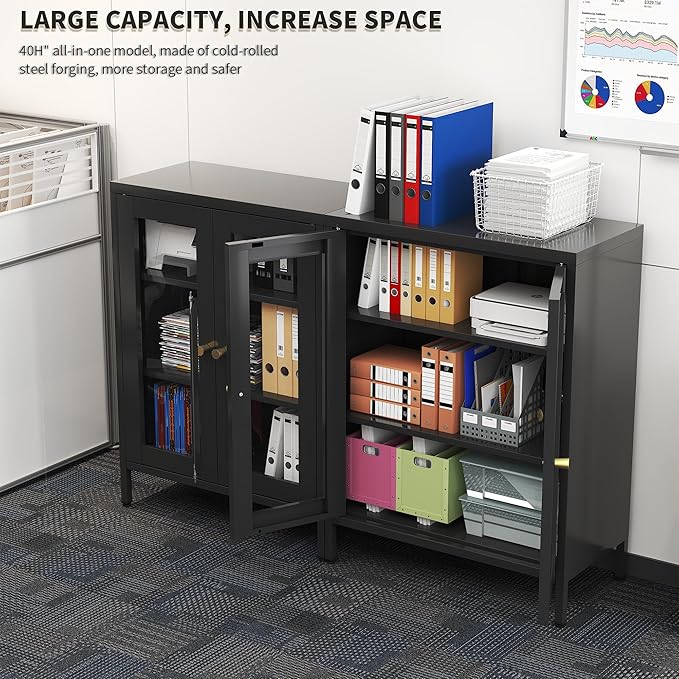 Black Metal Storage Cabinet with Glass 2 Doors - 31.5''H Bathroom Floor Storage Cabinet, 3 Tier Locker with Adjustable Shelves,Bathroom Cabinet for Office, Home, Living Room, Kitchen