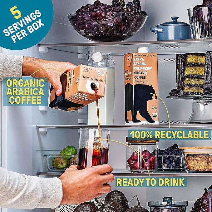 Wandering Bear Organic Vanilla Cold Brew Coffee - Extra Strong, Bold, Smooth, Unsweetened, Shelf-Stable, Ready to Drink, Gluten Free, & Vegan Iced Cold Brewed Coffee Drink - 32 fl oz, 6 pack