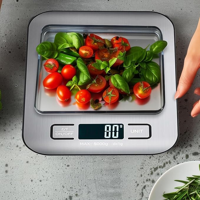 Digital Food Scale with 2 AAA Batteries Trnr-FDSCLE-SLV, Food Scale for Kitchen, Cooking Scale with Zero Tare Option, Kitchen Scale Weighs up to 11 Pounds, Measures in KG, G, LB, OZ, and ML