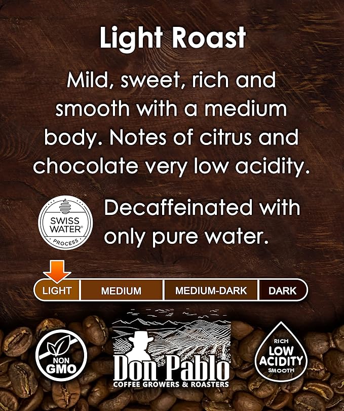 Don Pablo Colombian Decaf - Swiss Water Process Decaffeinated - Light Roast Gourmet Coffee - 100% Arabica Whole Bean, Non-GMO, Low Acidity, 907g (2LB) Bag