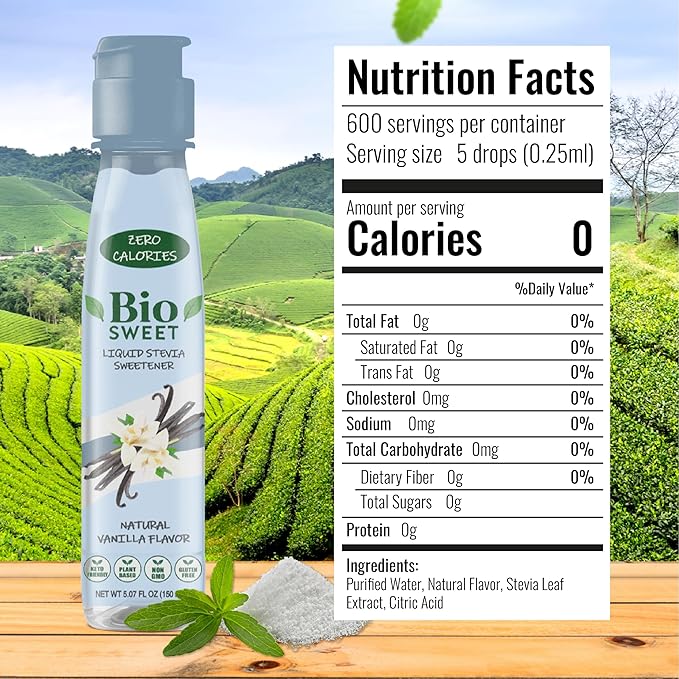 BioSweet Stevia Drops - Vanilla Flavor | Zero Calorie Liquid Sweetener | Non GMO, Keto & Diabetic Friendly, Gluten Free, Vegan | Nothing Artificial | 3,000 drops (5.07 Fl Oz)