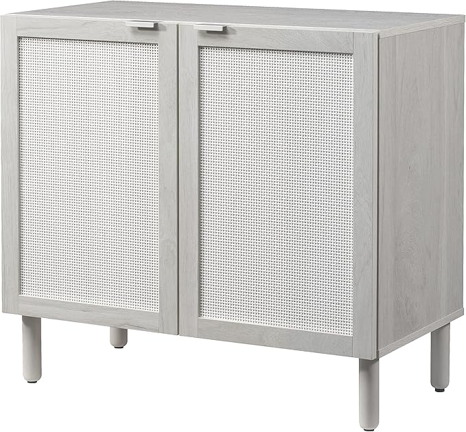 SANGO Orre 2-Door Cabinet, Modern Sand Storage Cabinet with Synthetic Rattan Door Panels, Adjustable Shelf, Cylindrical Wood Legs, Discreet Finger Pulls, Elegant Furniture for Living or Dining Room