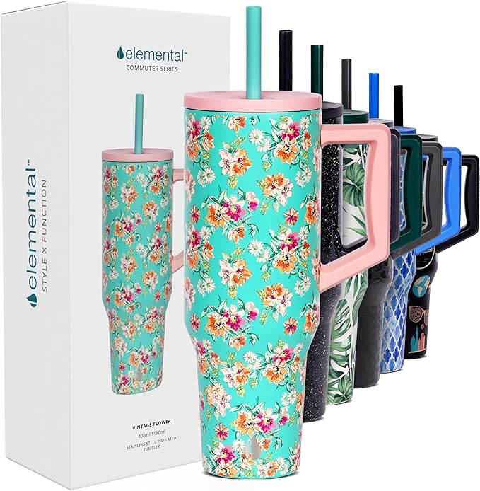 Elemental 40 oz Tumbler with Handle and Straw - Spill Proof Insulated Stainless Steel Commuter for Hot and Cold Beverages - Travel Coffee Mug with 2 Straws & Spill Proof Lid - 40oz - Vintage Flower