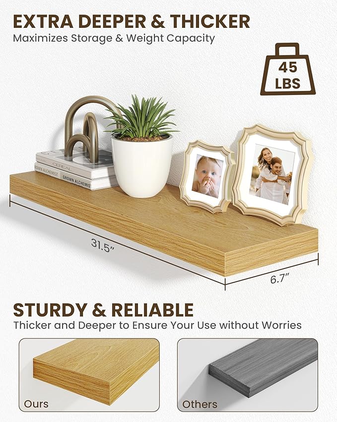 Marsmiles 32" Floating Shelves for Wall, Wooden Shelves with Invisible Brackets Set of 2, Rustic Farmhouse Wall Mounted Shelf for Kitchen Bathroom Living Room Study, Natural Oak