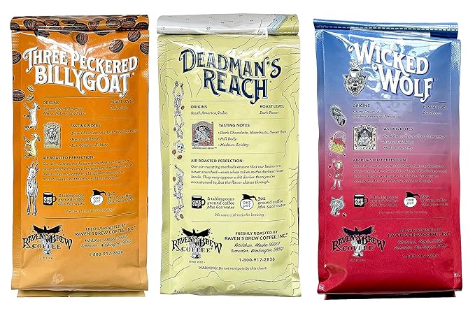 Raven's Brew Whole Bean Coffee Variety Pack - 3 Delicious Flavors - Wicked Wolf, Three Peckered Billy Goat and Deadman's Reach - 12 oz each