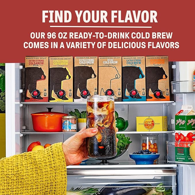 Wandering Bear Organic Mocha Cold Brew Coffee On Tap, Iced Coffee Drink - Extra Strong, Bold, Smooth, No Sugar Added, Shelf-Stable, Ready to Drink,Gluten Free & Vegan -16 Servings of 6fl.oz -96fl.oz
