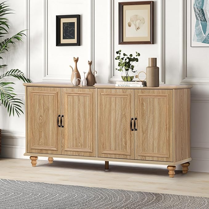 59" Sideboard Buffet Cabinet with Storage, Large Retro Credenza with 4 Doors & Adjustable Shelves Wood Rectangular Coffee Bar Table Console for Kitchen, Living Room, Hallway, Entry (Natural)