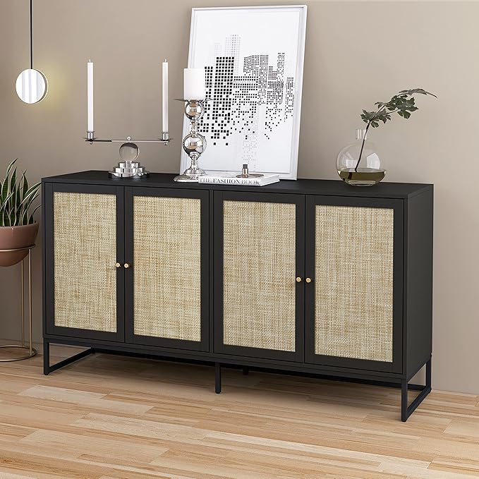 Modern Sideboard Cabinet, Accent Storage Cabinet with Rattan Doors and Adjustable Shelves, Freestanding Sideboard Storage Cabinet for Kitchen Dining Living Room Hallway Office (Black)