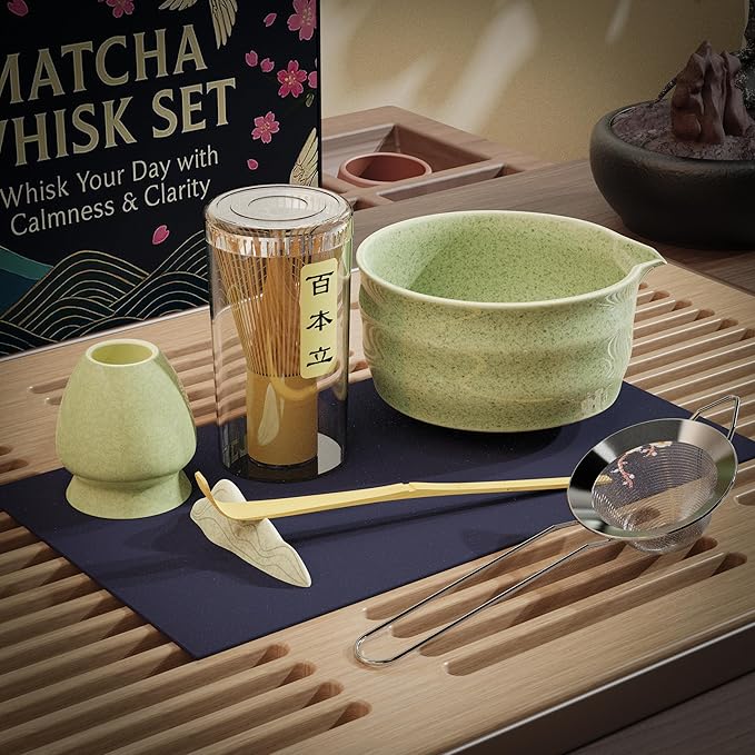 8-Piece Matcha Whisk Set with Ceramic Bowl & Bamboo Tools, Complete Japanese Matcha Tea Ceremony Kit, Green Speckled Chawan with Spout, Matcha Starter Set for Home Rituals & Gifts