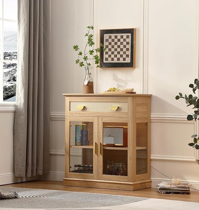 31.5'' Small Buffet Cabinet with Glass Doors,Small Coffee Bar Cabinet with Storage,Modern Sideboard with Adjustable Shelf and a Drawer,for Kitchen,Natural