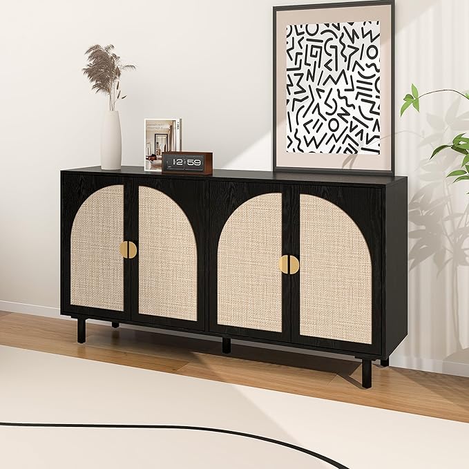 Black Sideboard Buffet Cabinet, 4-Door Rattan Storage Cabinet, Coffee Bar with Adjustable Shelf, Accent Furniture for Living Room, Entryway, Home Office, Black