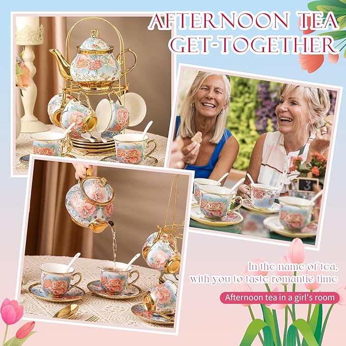 20 Pieces Porcelain Tea Set With Metal Holder, European Ceramic tea set for adults,Flower Tea Set,Tea Set For Women With Flower Painting (VIVID BLUE, Largr Vision)