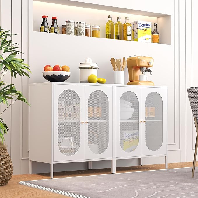 2 Door Accent Cabinet,Metal Storage Cabinet with Adjustable Shelf,Buffet Sideboard for Bed Room,Living Room,Entryway,Hallway,Home,Hotel,Office,Garage,Kitchen,1 Removable Shelf. (Mesh Door, White)