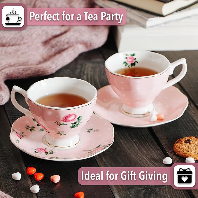 BTaT- Floral Tea Cups and Saucers Set of 2 (8 oz), Porcelain Tea Cup Sets, Pastel Pink Color with Gold Trim, Dishwasher Safe