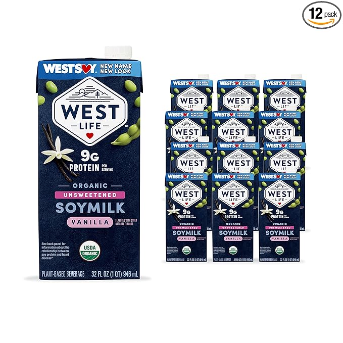 West Life Organic Soy Milk, Unsweetened Vanilla, 8g of Protein, Vegan Dairy Alternative, Lactose-Free, Shelf Stable, 32oz (Pack of 12)