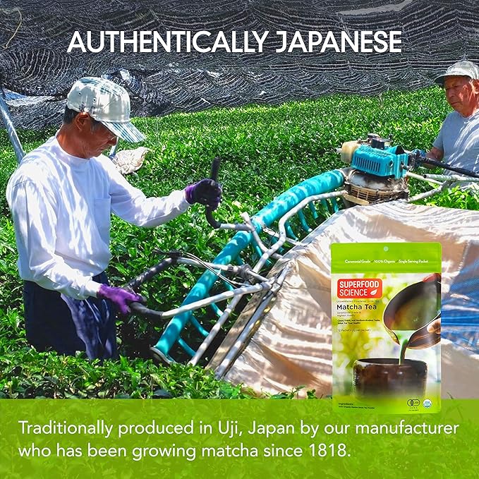 Matcha Ceremonial Grade, Pure Uji Matcha Powder Organic, 12 Unsweetened Organic Japanese Tea Packets, ECGC, L-Theanine, Chlorophyll in Green Vibrance Powder, Tasty Hot and Ice Green Tea, 2 g/packet