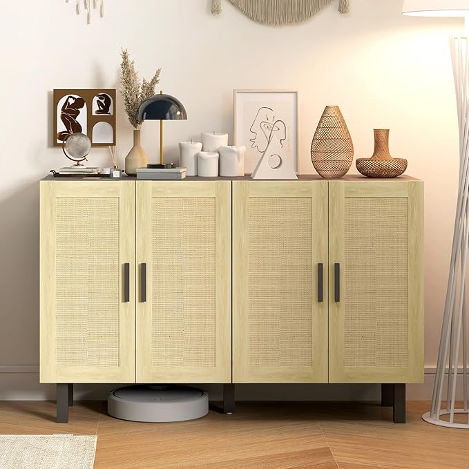 HOMCOM Boho Sideboard Buffet Cabinet, Coffee Bar Cabinet with 4 Rattan Doors and Adjustable Shelves for Kitchen, Living Room, Black and Natural
