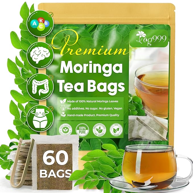 TOG999, Premium 60 Moringa Leaf Tea Bags, 100% Natural & Pure, Loose Leaf Moringa Herbal Tea. No Sugar, No Caffeine, No Gluten, Vegan.