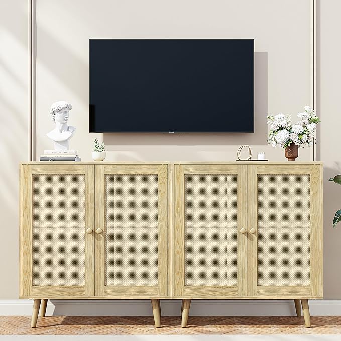 2 Door Rattan Storage Cabinet, Wood Kitchen Sideboard Buffet Console Table with Shelves for Living Room, Hallway, Kitchen, Oak