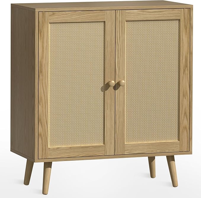 2 Door Rattan Storage Cabinet, Wood Kitchen Sideboard Buffet Console Table with Shelves for Living Room, Hallway, Kitchen, Oak