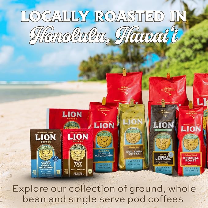 Lion Coffee Chocolate Macadamia Flavored Whole Bean Coffee, Light Roast, Hawaiian Inspired Taste - 24 Ounce Bag