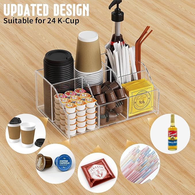 Acrylic Coffee Bar Organizer Station - Multiple Compartments - Kitchen Bar Tools Storage Rack - Beverage Station Organizer for Coffee Creamer Syrup