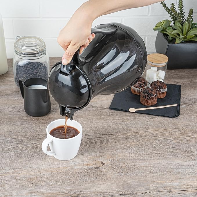 Restaurantware-Restpresso 64 Ounce Coffee Carafe, 1 Insulated Coffee Server - Push-Button Top, Swirl Design, Black Plastic Pitcher, Built-In Handle, With Identification Tags