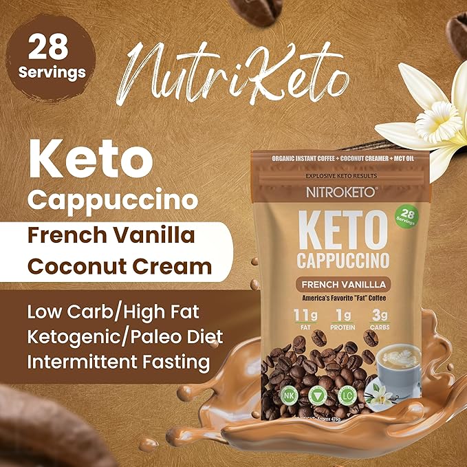 Keto Cappuccino - French Vanilla Coconut Cream - Keto Instant Coffee Mix with MCT Oil - Low Carb/High Fat, Organic Coffee Supports Ketosis - Energy - No Sugar - Made in USA – 28 Servings
