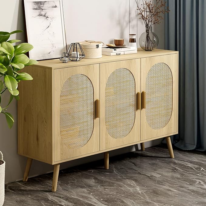 Modern Rattan Storage Cabinet with Doors, Wood Sideboard Buffet Cabinet for Living Room, Entryway, Dining Room (3-Door)