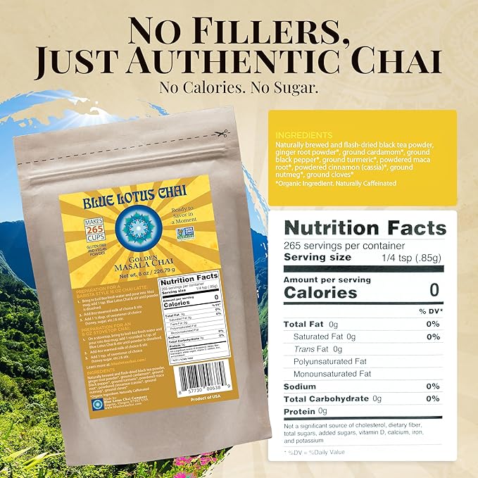 Blue Lotus Chai – Golden Masala Chai with Turmeric and Maca - Makes 265 Cups – Just Add Hot Water, No Steeping, No Gluten - 8 Ounce Masala Chai Powder with Organic Spices – Authentic Indian Tea