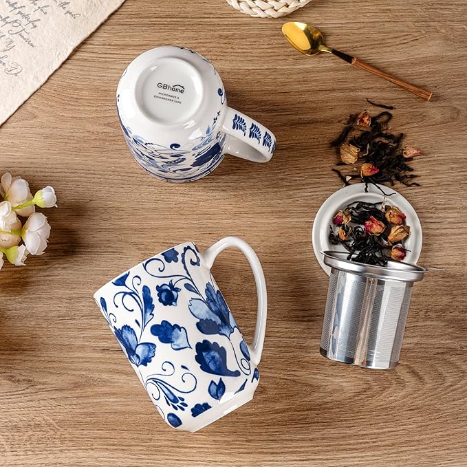 GBhome Tea Mug with Infuser and Lid, 18 Ounce Large Ceramic Loose Leaf Cup, Microwave, Dishwasher Safe