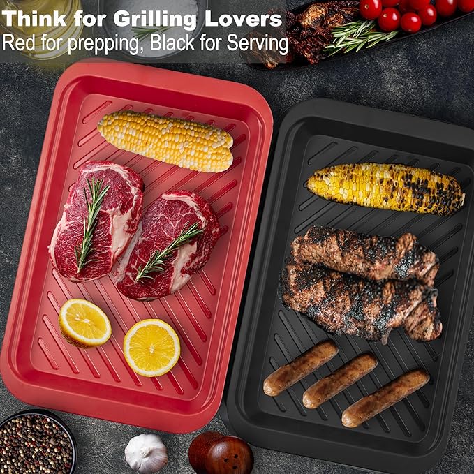 Bamboo Grilling Prep and Serve Trays with lid, BBQ Tray for Marinating Raw and Cooked Food, Diswasher Safe Nesting Trays Black in Red