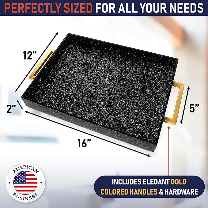 Acrylic Serving Tray with Gold Handles, 16" x 12" Decorative Tray for Coffee Table, Spill-Proof Food and Drink Server. Multipurpose for Ottoman, Kitchen, Vanity, Countertop, Party Use (Black Glitter)