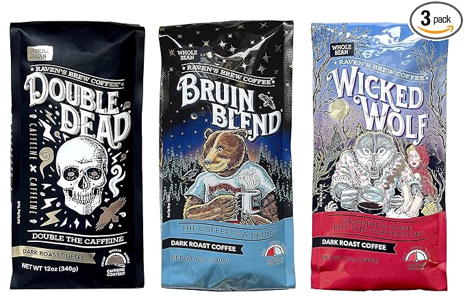 Raven's Brew Whole Bean Coffee Variety Pack - 3 Delicious Flavors - Double Dead, Bruin Blend and Wicked Wolf - 12oz each