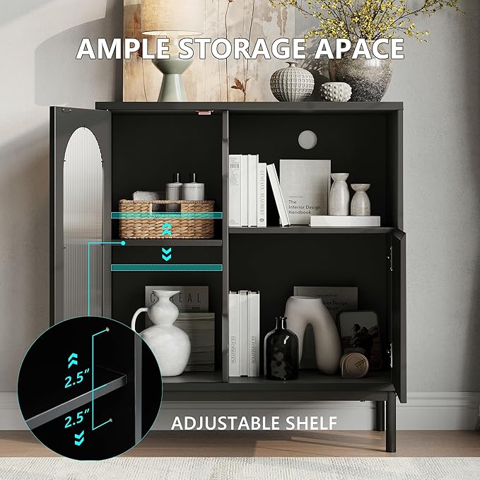 Sideboard Buffet Cabinet with Fluted Glass Doors and Adjustable Shelf, Wood Modern Accent Cabinet with Storage for Kitchen, Entryway, Living Room, Black