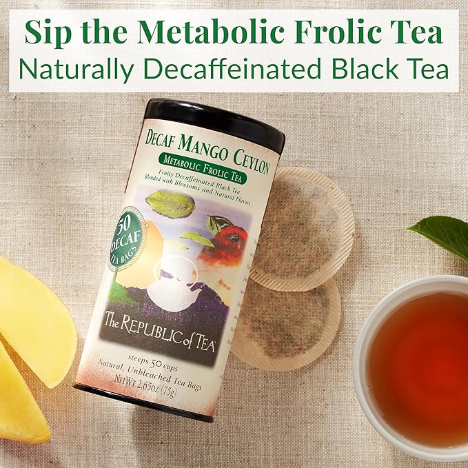 The Republic of Tea — Decaf Mango Ceylon Black Tea Tin, 50 Tea Bags, Environmentally- Friendly Decaffeinated Tea