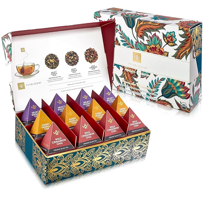 Teabloom Himalaya Chai Gift Set – Organic Chai Tea Sampler with 12 Plant-Based Pyramid Sachets, Elegant Presentation Box for Tea Lovers