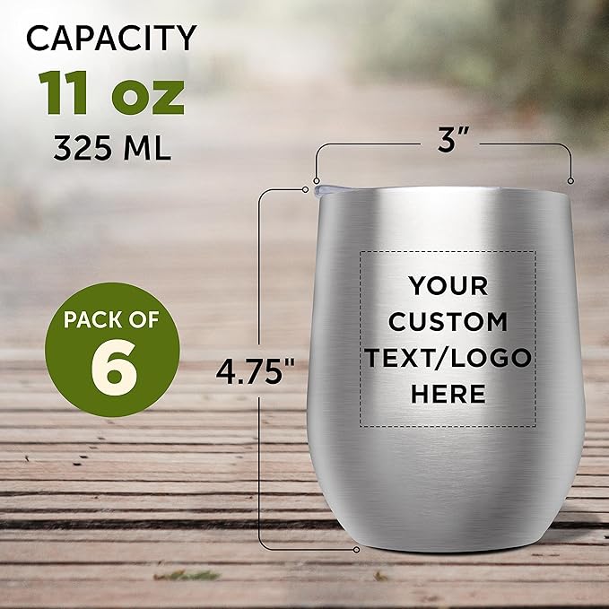 Custom Stemless Wine Glass Tumblers with Lids by Largo 11 oz. Set of 6, Personalized Bulk Pack - Perfect for Wine, Cocktails, Other Hot & Cold Beverages - Silver