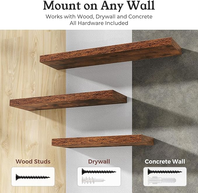 Floating Shelves for Wall, 9.3" Deep Wall Mounted Wood Shelves for Bathroom, Bedroom, Living Room, Kitchen, Hanging Shelf for Books/Storage/Room Decor (Brown, 36")