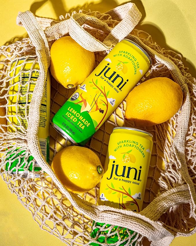 Juni Sparkling Adaptogen Drink with Ashwagandha, Lion’s Mane & Reishi Mushrooms, Green Tea for Focus, Zero Sugar, 10 Calories, Organic Non Alcoholic Drinks - Lemonade Iced Tea 12 pack