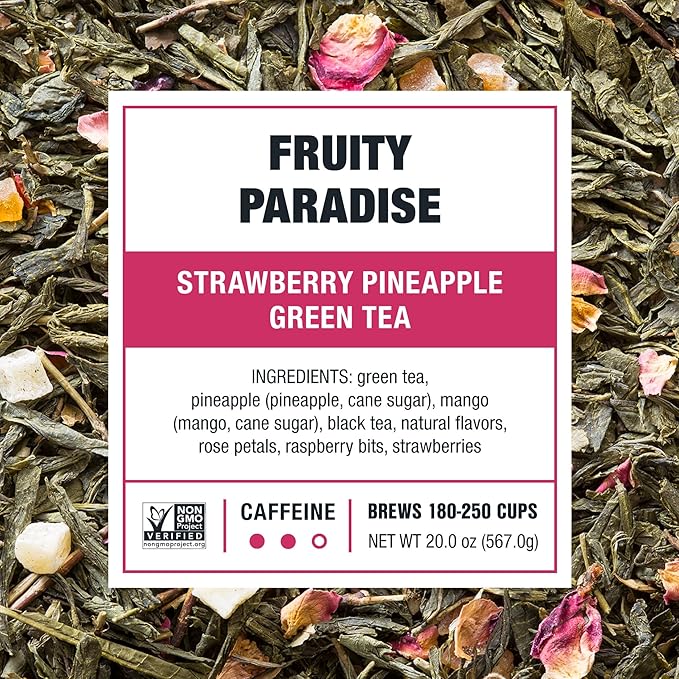 Tiesta Tea - Fruity Paradise, Loose Leaf, Strawberry Pineapple Green Tea, Premium Blend, Medium Caffeinated Green, Make Hot or Iced, Up to 250 Cups, 16oz Bulk Pouch & 4oz Refillable Tin Combo