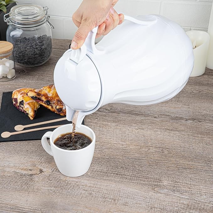 Restaurantware-Restpresso 64 Ounce Coffee Carafe, 1 Insulated Coffee Server - Push-Button Top, Swirl Design, White Plastic Pitcher, Built-In Handle, With Identification Tags