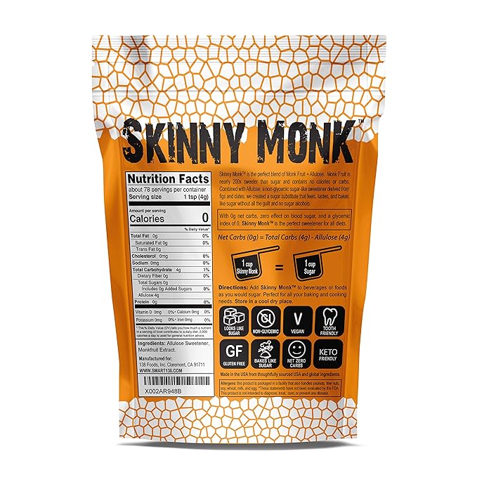 Skinny Monk - Allulose Sweetener w/Monkfruit, 1:1 Sugar Substitute, Keto Friendly, Zero Net Carbs, Non-Glycemic (Granular, 11oz)
